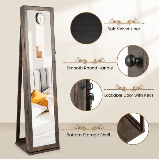 FreeStanding Lockable Jewelry Storage Organizer with Full-Length Mirror Brown {5}