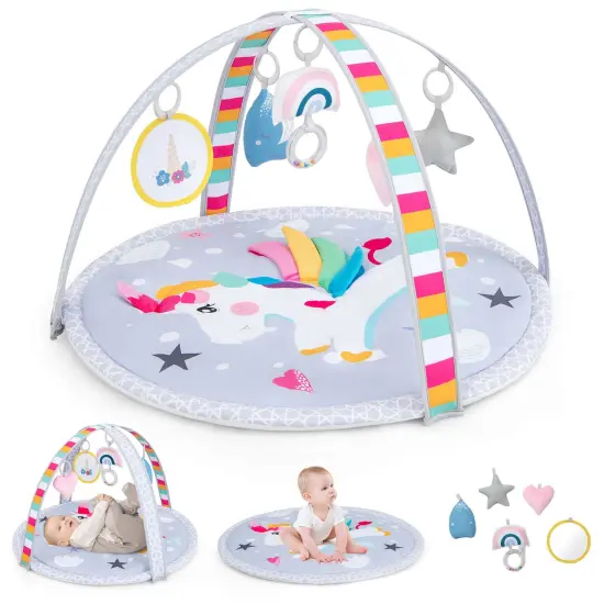 Costway Baby Play Gym Mat Thicker Tummy Time Mat with 5 Detachable Hanging {1}