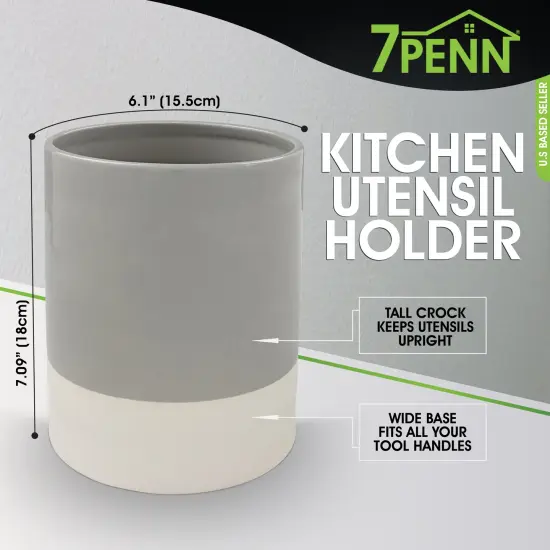 7Penn Large Kitchen Utensil Holder for Countertop - Gray and White Ceramic Crock {2}