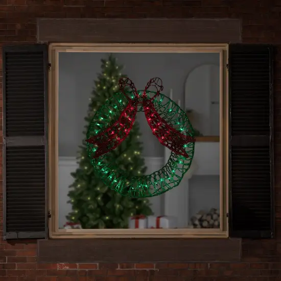 Northlight 20" Green and Red Lighted Wreath and Bow Christmas Window Silhouette Decoration {4}