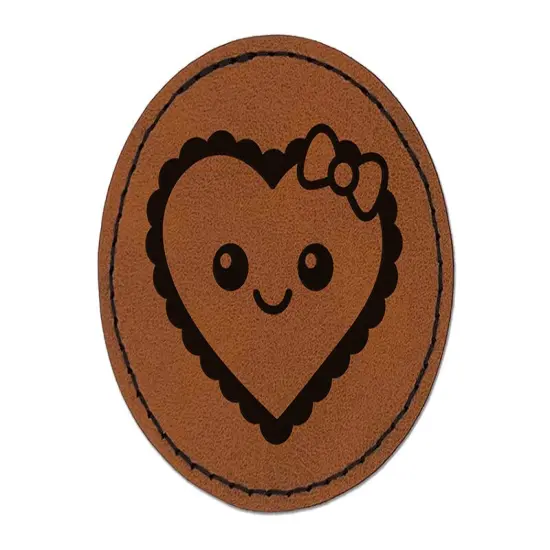 Cute Kawaii Heart with Bow Round Iron-On Engraved Faux Leather Patch Applique - 2.5" Brown {1}