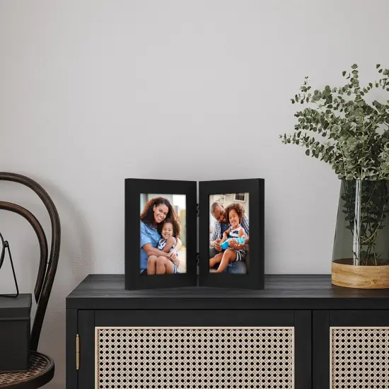 Americanflat Tri-Folding Picture Frame - Displays Two Photos at Once - Double Hinged Picture Frame - Shatter Resistant Glass - Tabletop Display Picture Frame - Black {12}