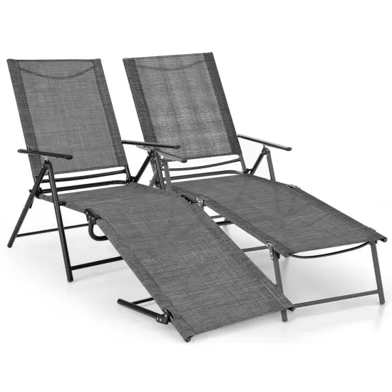 Costway 2 Piece Patio Folding Chaise Lounge Chairs with 6-Level Backrest Reclining Chairs Tan/Black/Grey {9}
