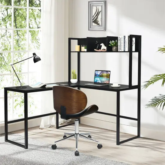 Costway 55'' L-Shaped Desk Corner Computer Desk w/Hutch Black {4}