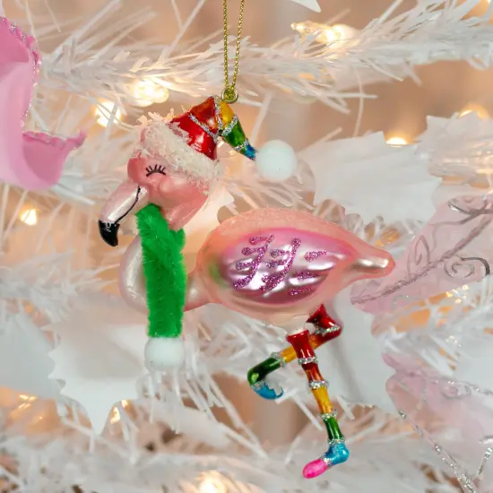 Northlight 4.25" Pink Flamingo with Rainbow Hat Glass Christmas Ornament {7}