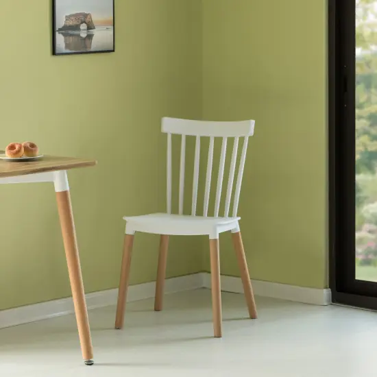 Modern Plastic Dining Chair Windsor Design with Beech Wood Legs Set of 4 White {6}