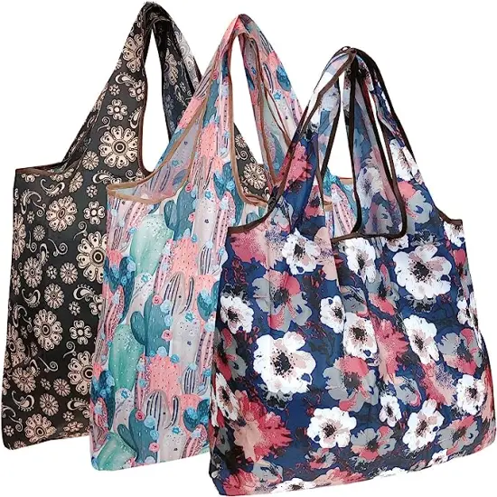 Wrapables Large Foldable Tote Nylon Reusable Grocery Bag, 3 Pack Cacti, Floral {1}
