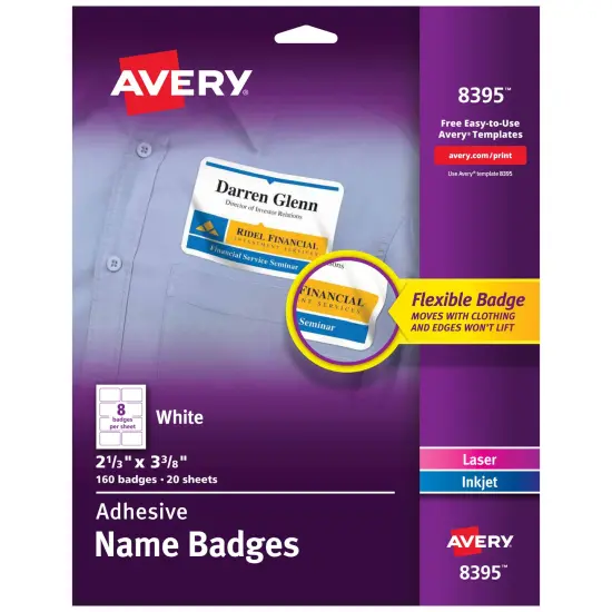Avery Flexible Printable Name Tags, 2-1/3" x 3-3/8", Matte White, 160 Removable Name Badges (8395) {1}