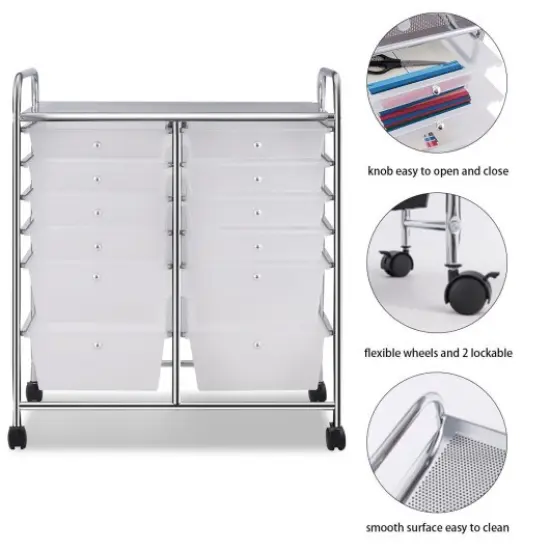 Mobile 12-Drawer Storage Organizer Cart with Ventilated Top Locking Wheels and Sturdy Frame White {2}