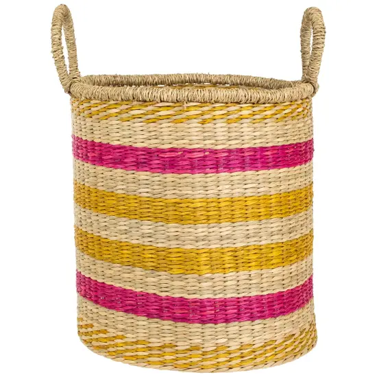 Northlight Set of 3 Striped Fuchsia and Yellow Seagrass Woven Baskets with Handles 13.75" {4}