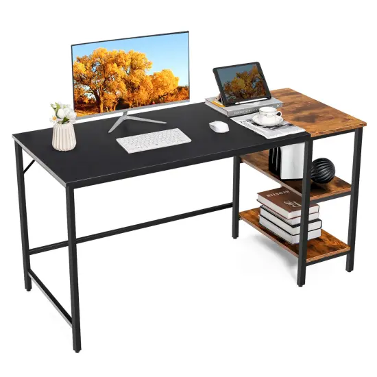 Costway 55'' Computer Desk Writing Workstation Study Table Home Office with Bookshelf Black/Rustic {9}