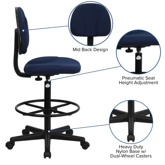 Emma and Oliver Two Cylinder Drafting Chair (Cylinders: 22.5"-27"H or 26"-30.5"H) Navy Blue Patterned {2}