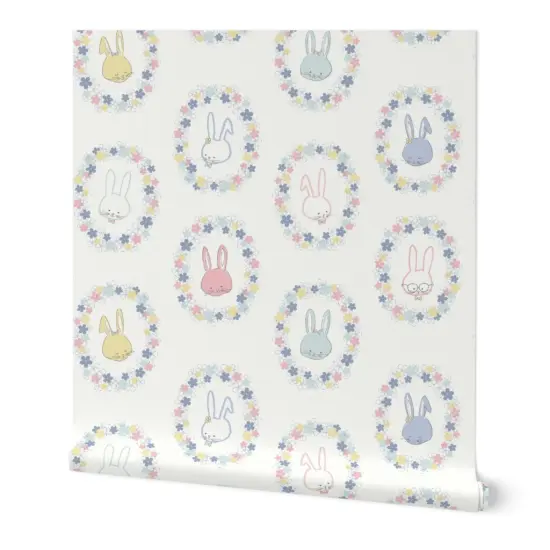 Peel & Stick Wallpaper 2FT Wide Easter Bunnies Pastel Floral Spring Flowers Periwinkle Lilac Blue Pink Ivory Garden Hand Drawn Whimsical Rabbits Custom Removable Wallpaper by Spoonflower {7}