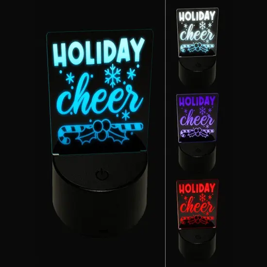 Christmas Holiday Cheer Candy Cane and Holly 3D Illusion LED Night Light Sign Nightstand Desk Lamp {1}