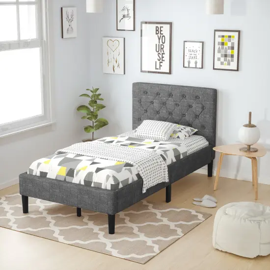 Costway Twin Upholstered Bed Frame Diamond Stitched Headboard Wood Slat Support {2}