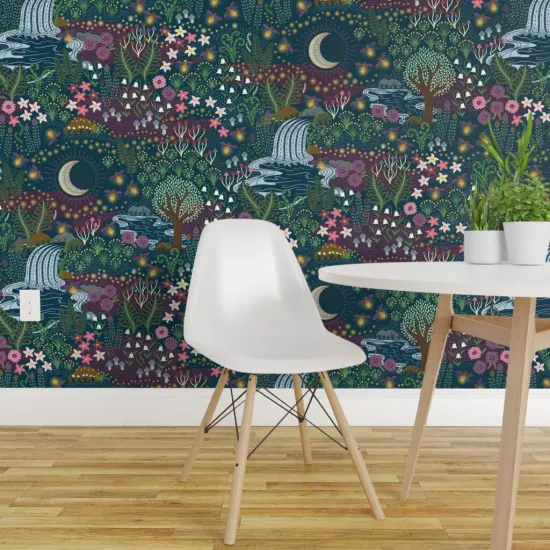 Pre-Pasted Wallpaper 2FT Wide Magical Garden Woodland Floral Whimsical Night Botanical Fireflies Moon Jewel Tone Custom Pre-pasted Wallpaper by Spoonflower {1}