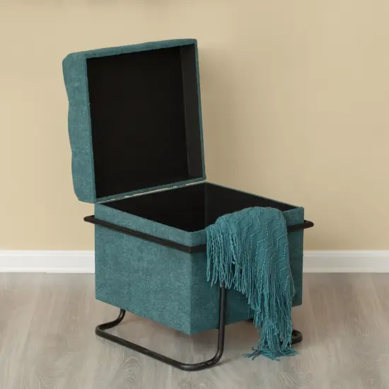 Square Fabric Storage Ottoman with Black Metal Frame Blue {4}