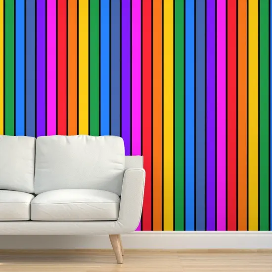Pre-Pasted Wallpaper 2FT Wide Rainbow Vertical Stripe Bright Black Striped Large Scale Dopamine Home Pride Lgbtqia Custom Pre-pasted Wallpaper by Spoonflower {5}