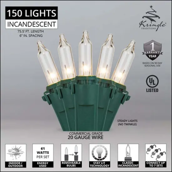 61W Commercial 150 Clear Mini Lights Lamp Lock Green Wire 6-in Spacing {2}