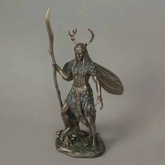Celtic Antler Druid Wielding Staff Bronze Resin Statue Pagan Decor Sculpture {3}