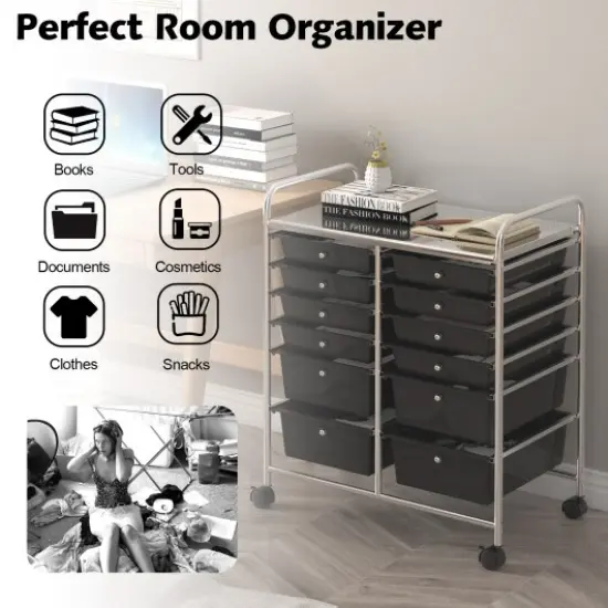 Mobile 12-Drawer Storage Organizer Cart with Ventilated Top Locking Wheels and Sturdy Frame Black {3}