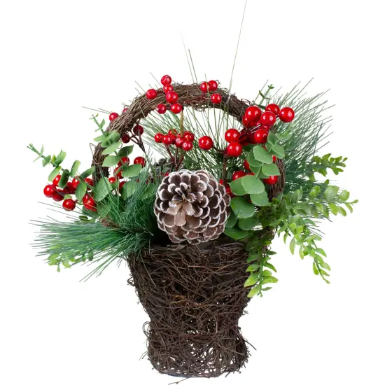 Northlight 15" Eucalyptus Pine and Berry Artificial Christmas Grapevine Basket Brown {1}