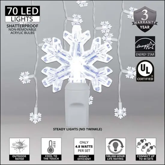 70 Cool White Snowflake LED Icicle Light Set with White Wire {2}