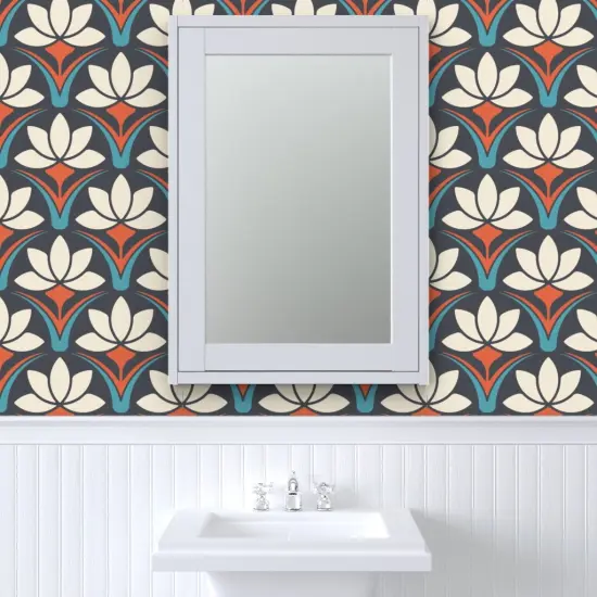 Pre-Pasted Wallpaper 2FT Wide Art Deco Retro Floral Geometric Lotus Nouveau 70S Groovy Boho Scandi Blue Custom Pre-pasted Wallpaper by Spoonflower {6}
