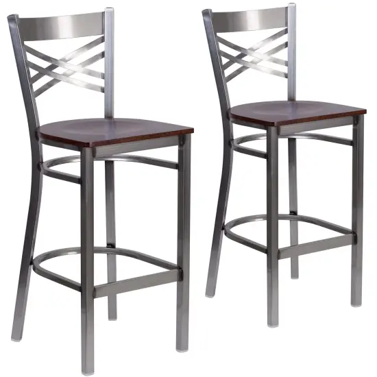 Emma and Oliver 2 Pack Clear Coated "X" Back Metal Restaurant Barstool Walnut/ClearCoated {1}