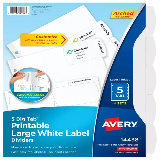 Avery Big Tab Printable Large White Label Dividers with Easy Peel, 5 Tabs, 4 Sets (14438) {1}