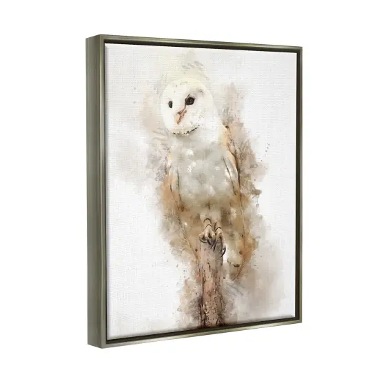 Stupell Industries Perched Barn Owl Wildlife Framed Floater Canvas Wall Art Gray Floater Frame {3}