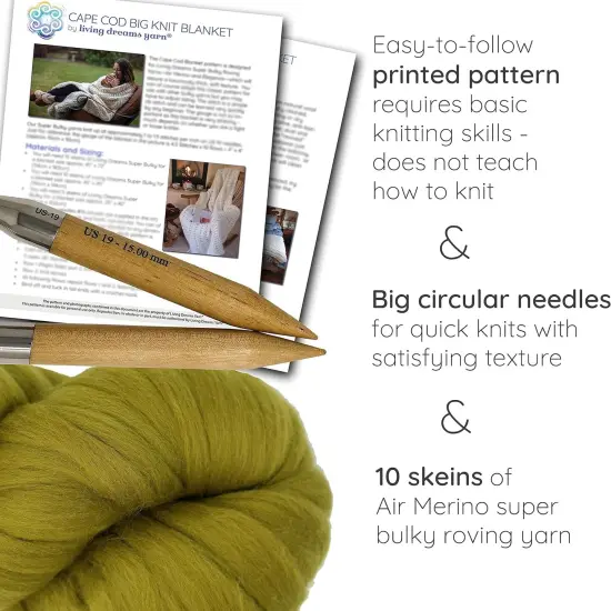 DIY Merino Wool Blanket Knitting Kit: Soft and Thick #7 Weight Jumbo Yarn, Knitting Needles and Pattern. Soft, Cozy, Great for Gifts Moss {2}
