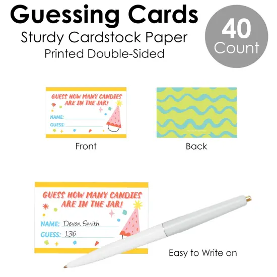 Big Dot of Happiness Party Time - How Many Candies Happy Birthday Party Game - 1 Stand and 40 Cards - Candy Guessing Game {7}