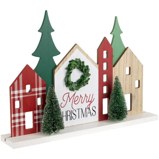 Northlight Wooden "Merry Christmas" Houses with Trees Decoration - 15" - Red and Green {5}