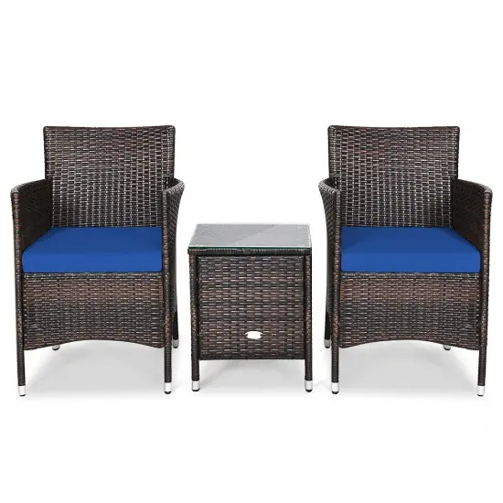 3 Pieces Patio Wicker Rattan Furniture Set with Steel Frame and Polyester Cushions Navy {1}