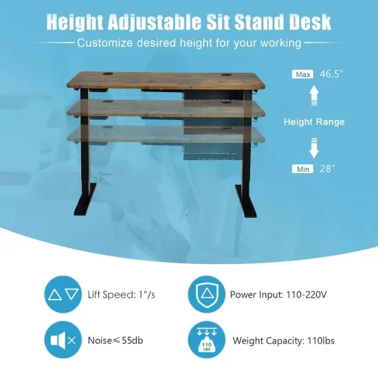 48-inch Electric Height Adjustable Standing Computer Workstation with USB Port and Hanging Hook Rustic Brown {3}