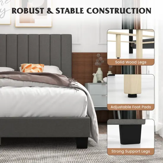 Costway Queen Upholstered Platform Bed Frame Mattress Foundation Box Spring Needed Gray {5}