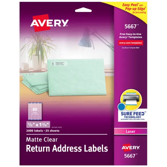 Avery Matte Clear Return Address Labels, Sure Feed Technology, Laser, 1/2" x 1-3/4", 2,000 Labels (5667) {1}