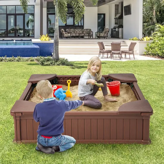 Kids Outdoor Sandbox with Oxford Cover and 4 Corner Seats White {7}
