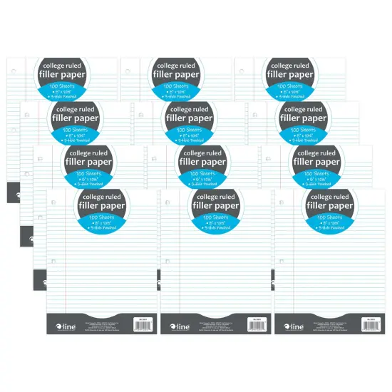 Filler Paper, College Ruled, 8" x 10-1/2", White, 100 Sheets Per Pack, 12 Packs {1}