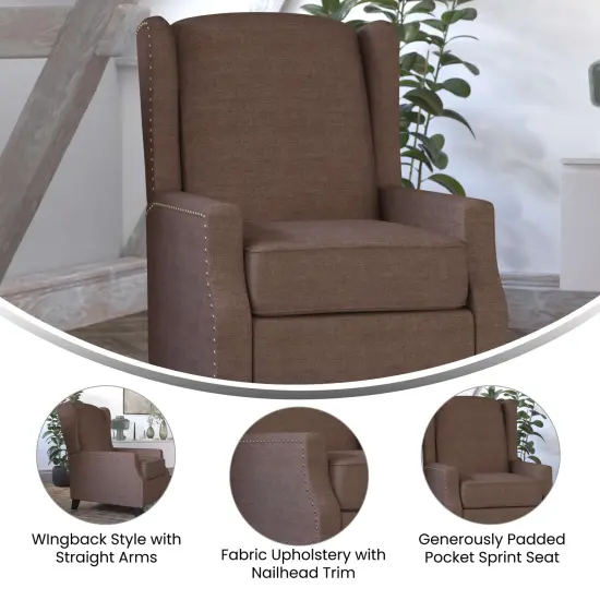 Emma and Oliver Leeds Fabric Upholstered Easy Push Back Recliner - Classic Wingback Design with Nailhead Accent Trim and Footrest Brown {2}