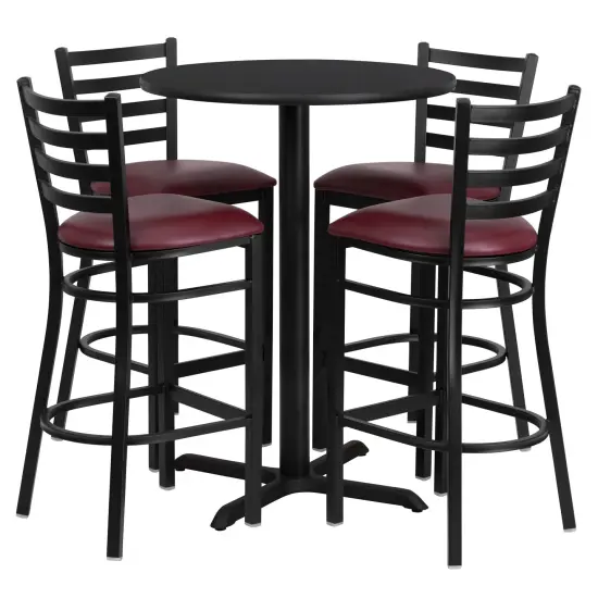 Emma and Oliver 30" Round Laminate Table Set with X-Base and 4 Ladder Back Stools WalnutTop/BlackVinyl {3}