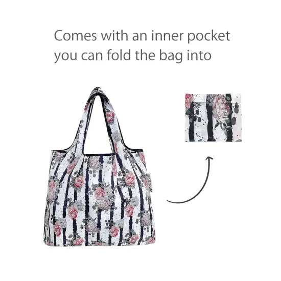 Wrapables Foldable Tote Nylon Reusable Grocery Bag (Set of 2) Rose & Stripes {4}