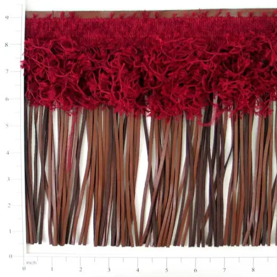 9" Leather And Hairy Gimp Fringe Trim Burgundy Multi {1}