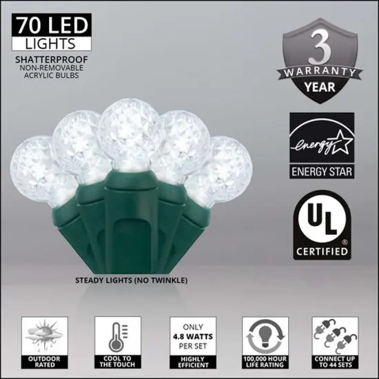 70 Cool White G12 LED String Lights, Green Wire, 4" Spacing {3}