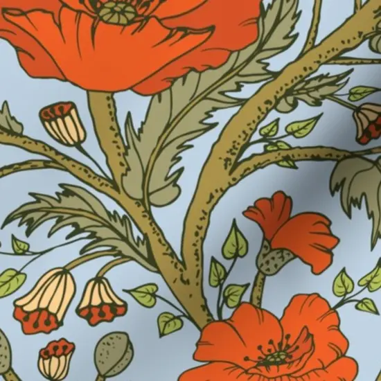 Various Fabrics by the Yard or Fat Quarter Red Poppies Blue Green Hand Drawn Floral Vines Custom Printed Fabric by Spoonflower {7}