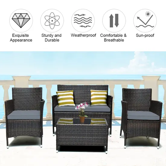 Costway 4PCS Rattan Patio Furniture Set Cushioned Sofa Chair Coffee Table {8}