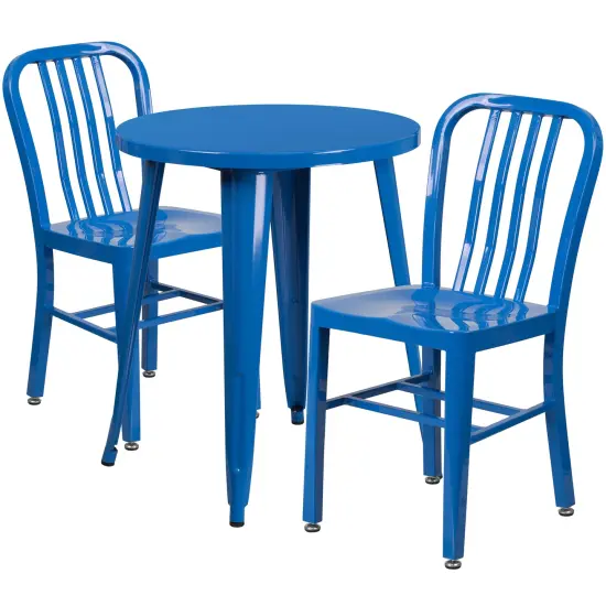 Emma and Oliver Commercial Grade 24" Round Metal Indoor-Outdoor Table Set & 2 Slat Back Chairs Blue {1}