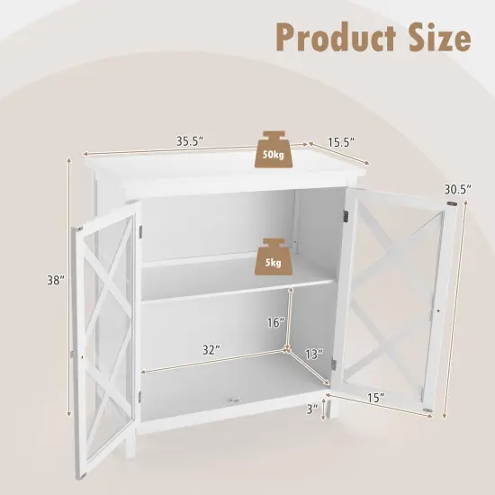 Freestanding Kitchen Buffet Cabinet with Glass Doors and Adjustable Shelf White {5}