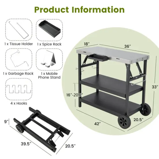 3 Tiers Fold-able Outdoor Cart on 2 Wheels with Phone Holder {2}